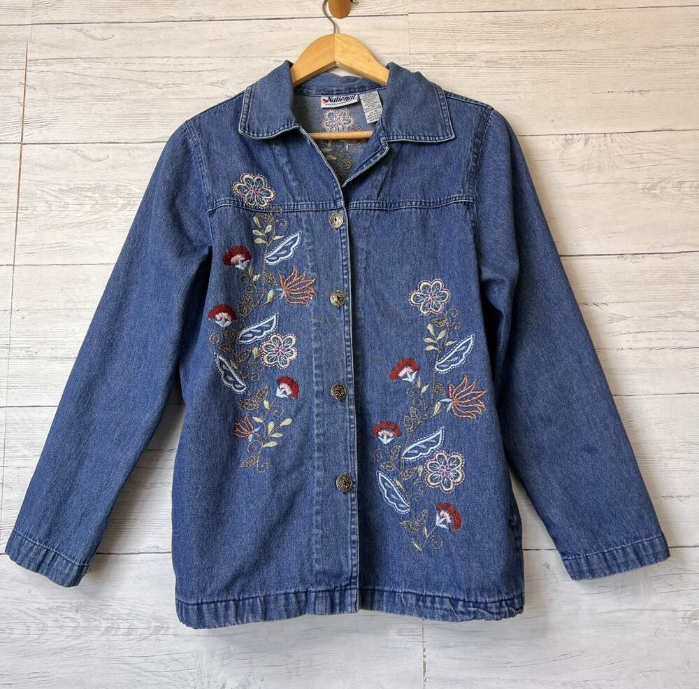 Vintage National Shacket Womens Size 10 Blue Chambray Denim Embroidered Floral